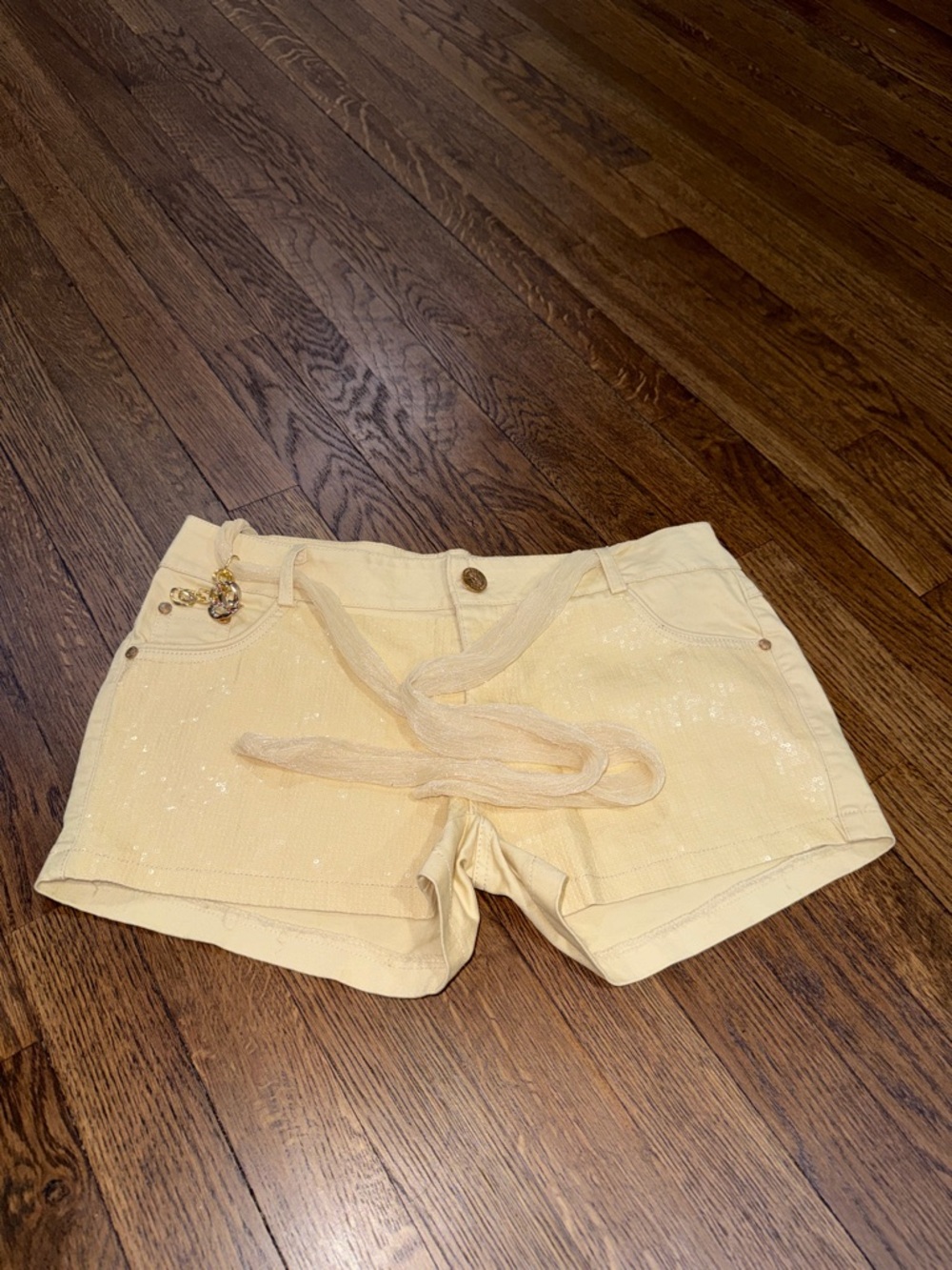 Womens Cream Sequin Shorts with Decorative Tie